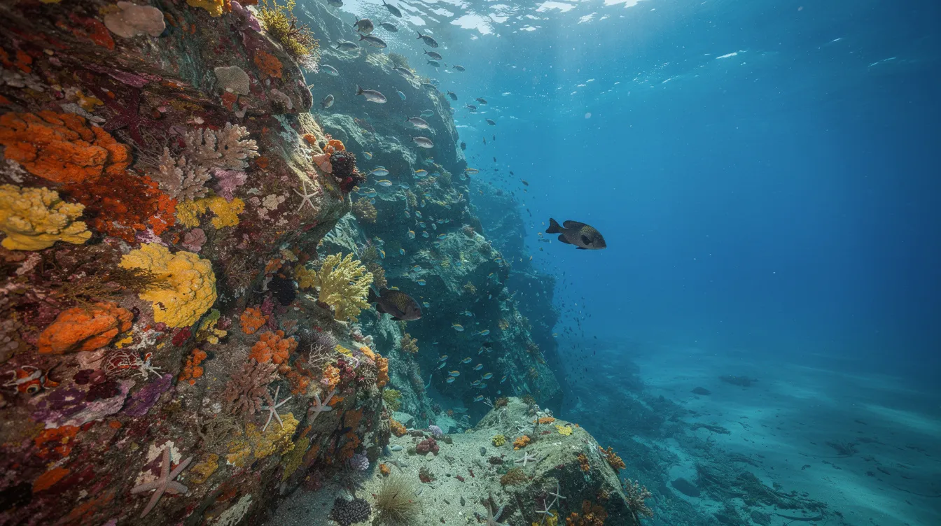 The image depicts a vibrant underwater scene of a Sydney reef wall, showcasing diverse marine life including colorful sponges and weedy sea dragons. This clear blue environment reflects ideal diving conditions for underwater enthusiasts exploring the best dive sites in Sydney, such as Shelly Beach and Bare Island.