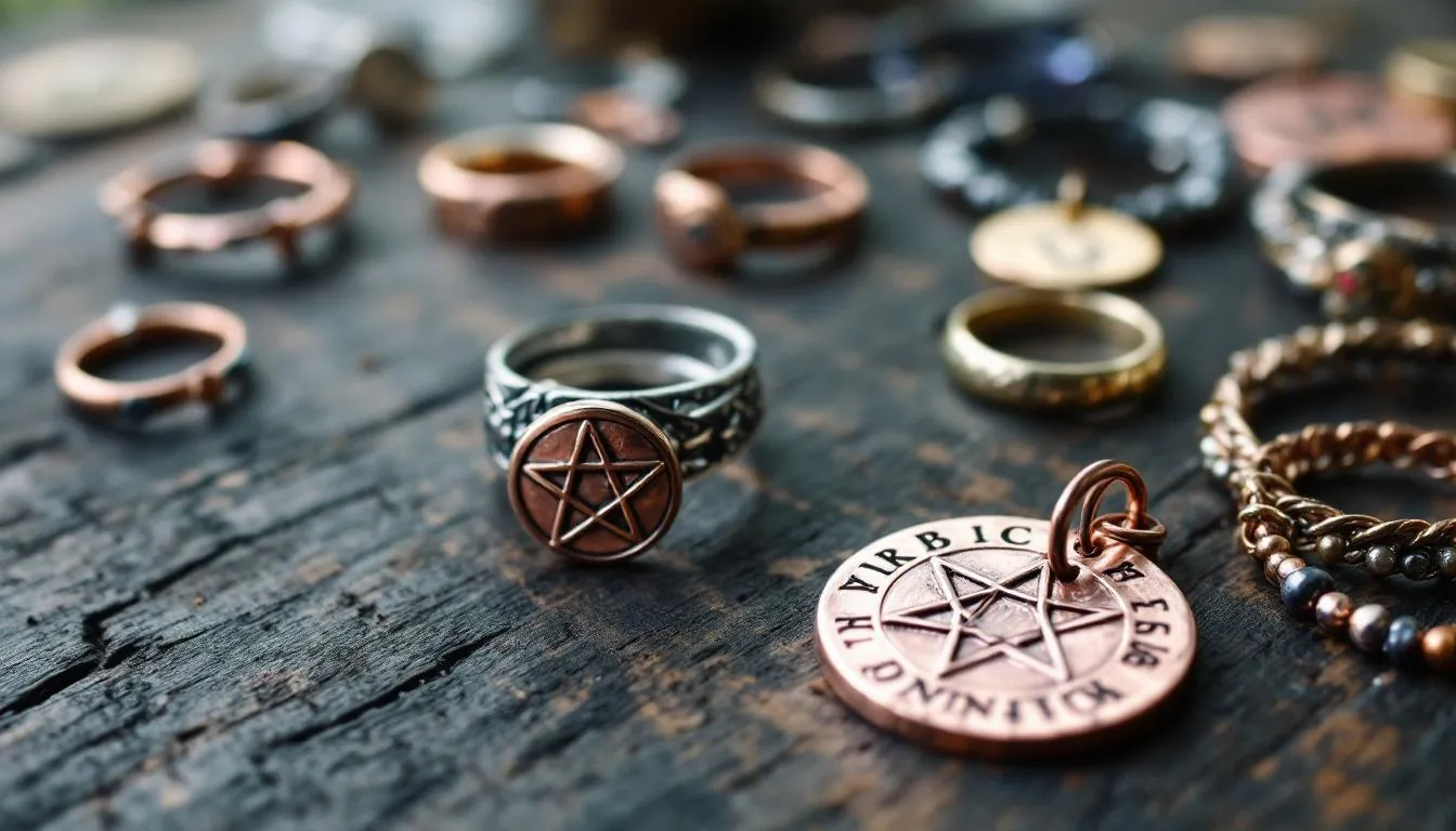 The image features an assortment of witch jewelry, showcasing various pieces like necklaces and charms made from metals such as gold and copper, each selected for their beauty and magical properties. The intricate details and finishes, ranging from polished to antiqued, reflect the spiritual significance and aesthetic appeal that practitioners seek in their jewelry.