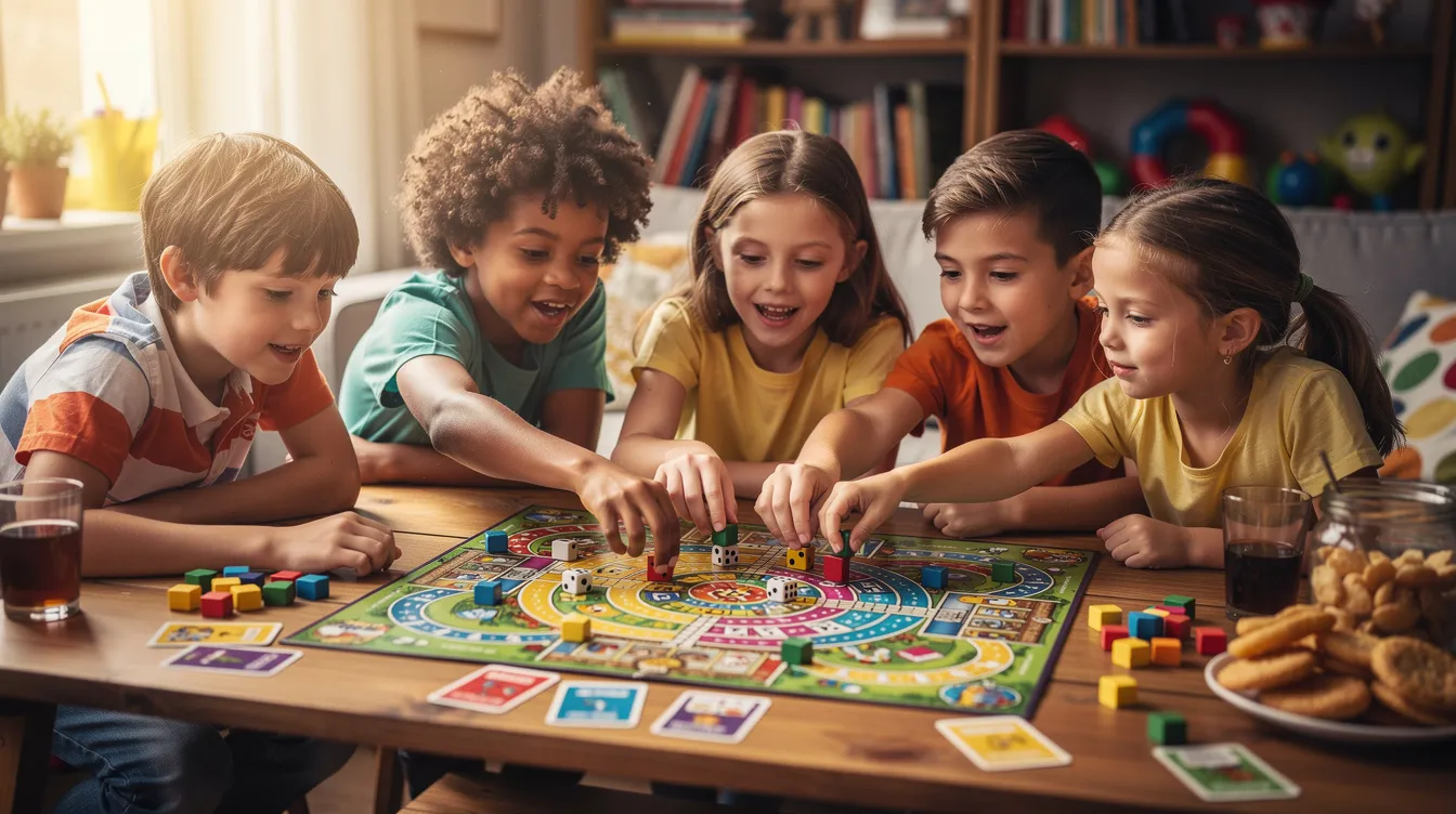 A group of younger children is gathered around a table, enthusiastically playing a colorful board game that encourages problem-solving and critical thinking skills. This engaging activity helps nurture their executive functioning skills, such as working memory and impulse control, while fostering social interaction and fun.