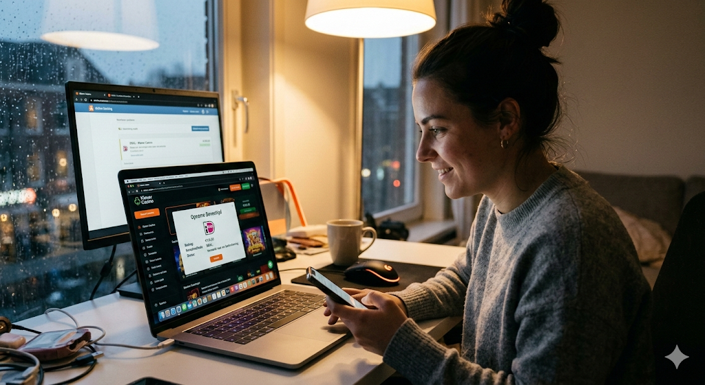 Nederlandse speler doet een iDEAL storting bij een online casino via laptop en smartphone, voorbeeld van online casino met iDEAL betaalmethode waarbij geld direct wordt overgemaakt vanuit een vertrouwde bankomgeving bij legale Nederlandse casino’s met snelle uitbetalingen.