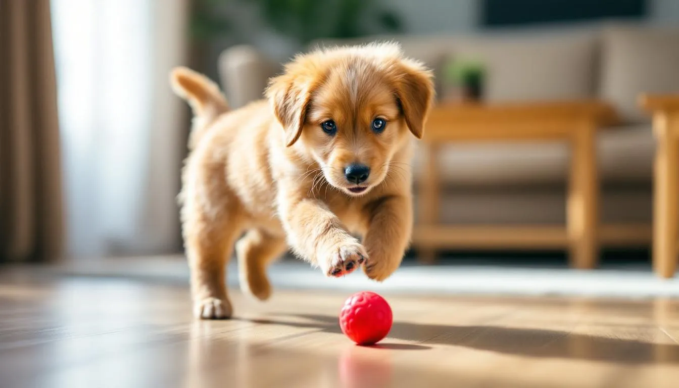 A young puppy is joyfully playing with various toys in a cozy living room, showcasing its high energy and need for daily exercise. This playful scene highlights the importance of physical activity and mental stimulation for a dog