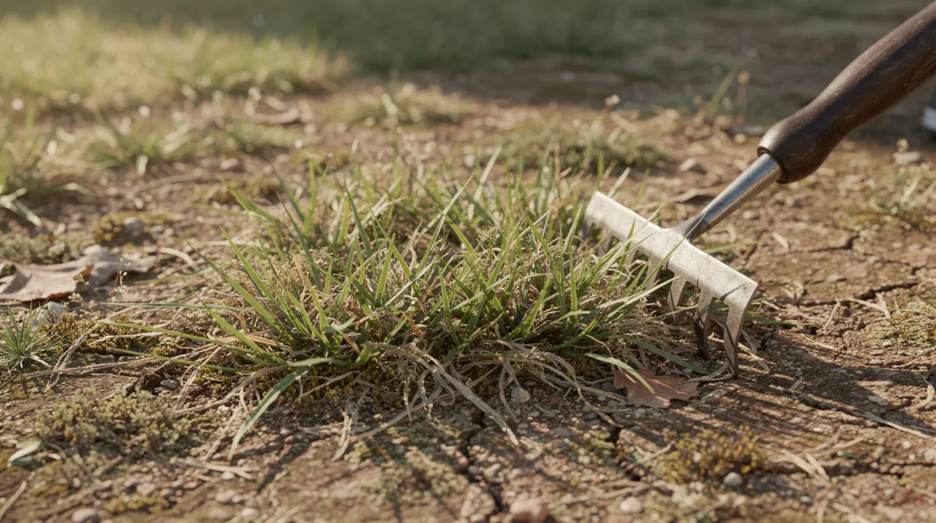 A close-up view of patchy garden grass reveals bare soil and damaged areas, with a hand rake resting nearby, suggesting the need for lawn care and repair. The scene highlights the struggle of existing grass with thin patches and the potential for sowing grass seed to promote healthy growth.