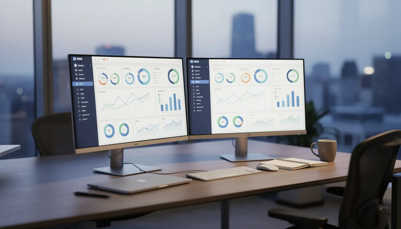 The image depicts a modern office workspace featuring multiple computer screens displaying business dashboards related to payment processing. These dashboards likely include metrics on transaction volume, payment gateway fees, and various payment methods, reflecting the tools used by ecommerce businesses to manage credit card payments and alternative payment methods.