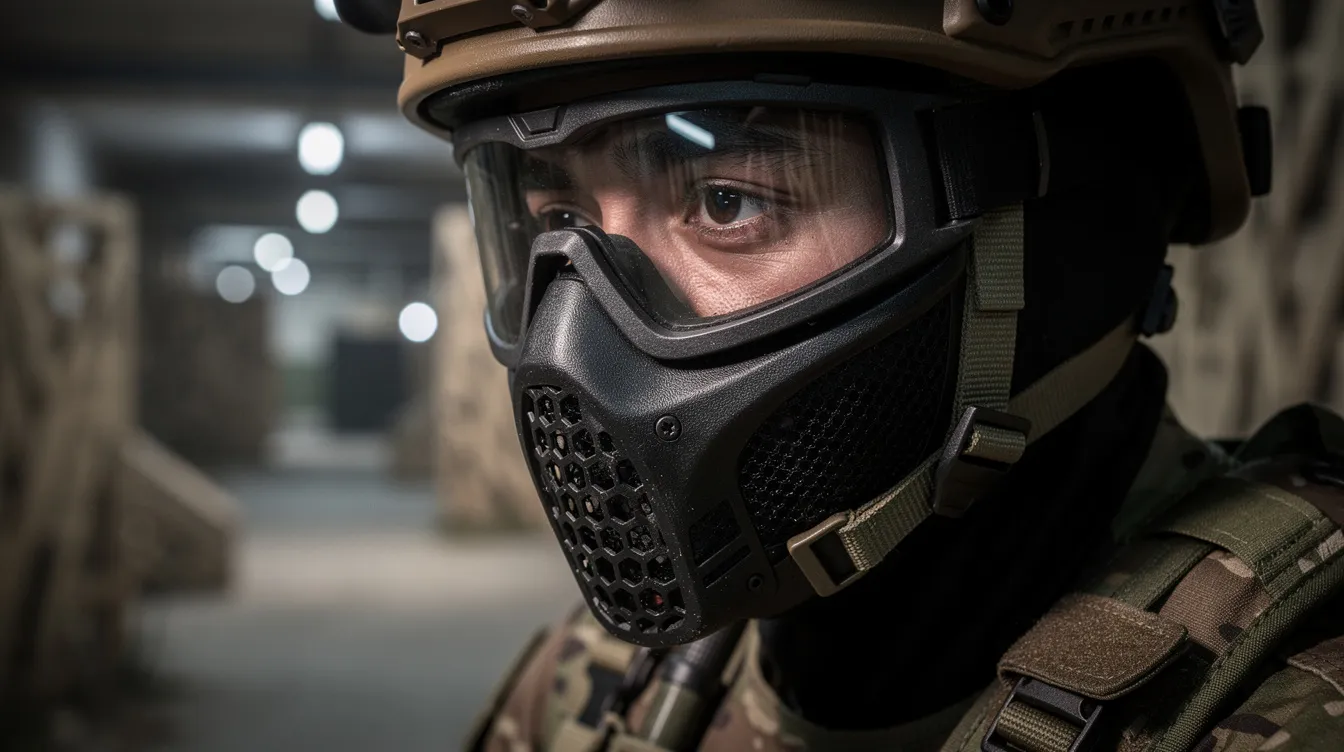 A close-up of a player in a CQB arena, equipped with sealed goggles and a durable mesh lower-face mask, showcasing their airsoft gear. The player is ready for action, highlighting the tactical elements of their airsoft clothing and accessories in a camouflaged pattern.