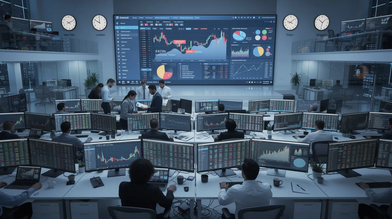 The image depicts a modern financial operations center featuring multiple monitor screens that showcase real-time market data, trading charts, and analytics from various global trading venues. This high-tech environment emphasizes the importance of smart order routing systems for optimizing trading strategies and achieving best execution across fragmented markets.