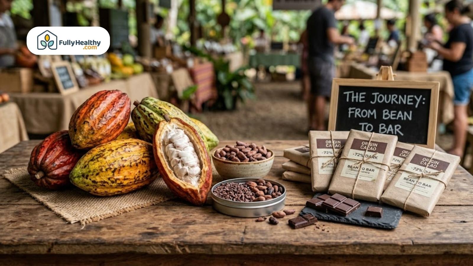 Cacao pods, beans, and chocolate bars displayed at local market stall