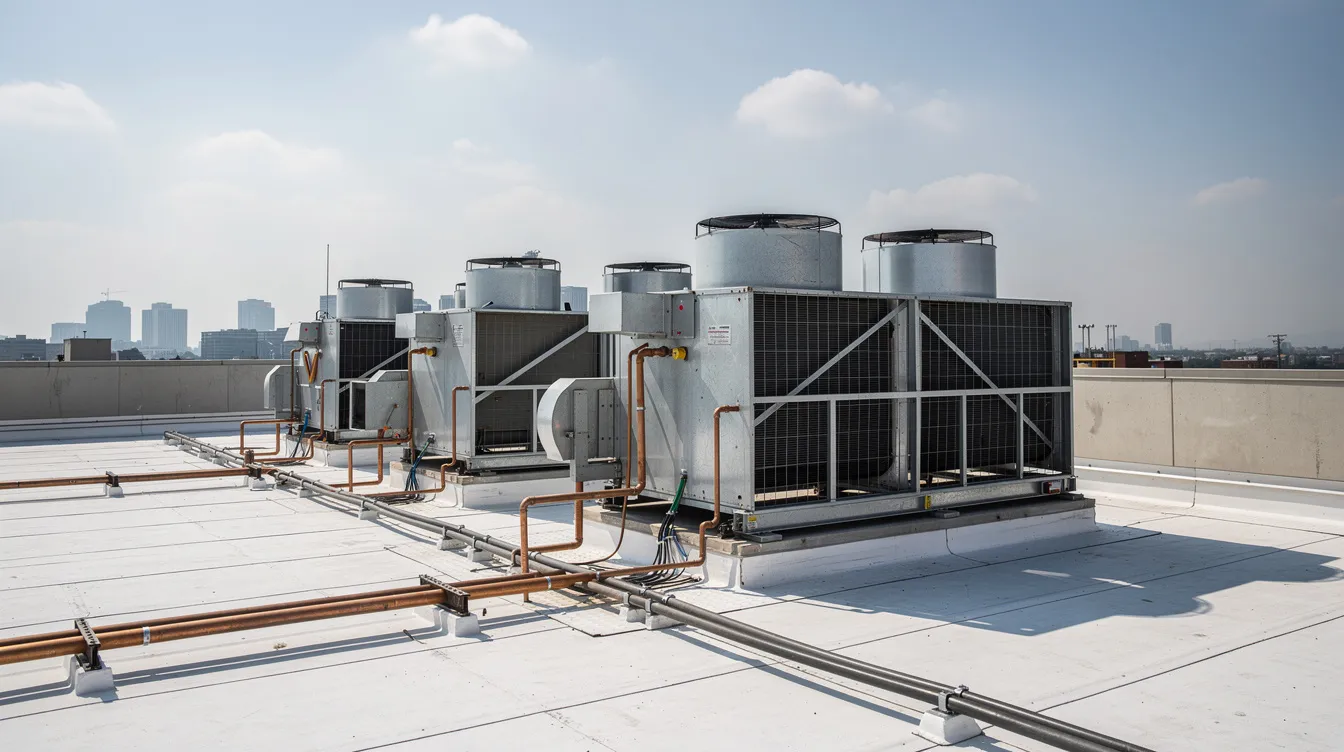 The image depicts rooftop HVAC equipment on a commercial building, featuring multiple condenser coils and large fans designed for efficient air conditioning and cooling systems. This setup highlights the importance of reliable HVAC systems in maintaining optimal performance for industrial facilities in the New Orleans area.
