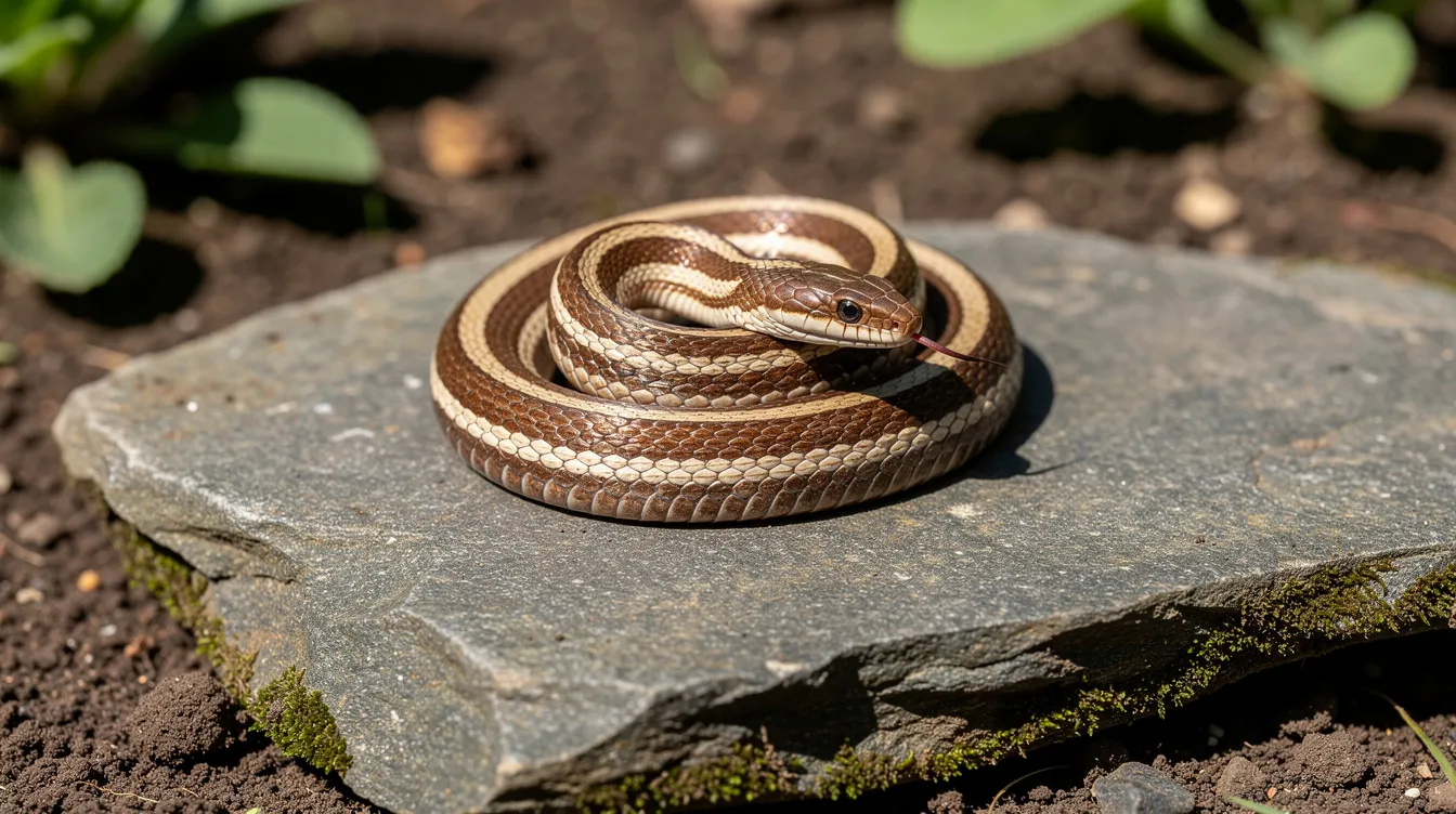 A close-up photograph showcases a small brown and cream striped garter snake coiled on a sunlit garden stone, displaying its non-venomous nature and fascinating colours. This common snake species is often found in Ontario's gardens, playing a vital role in the local wildlife ecosystem.