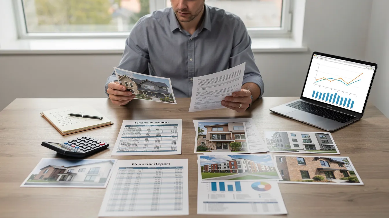 An investor is seated at a desk, carefully reviewing financial documents and photographs of various properties, likely assessing potential investment opportunities. The scene reflects the meticulous nature of real estate investing, which may involve considerations such as hard money loans, property appraisals, and financing options for investment properties.