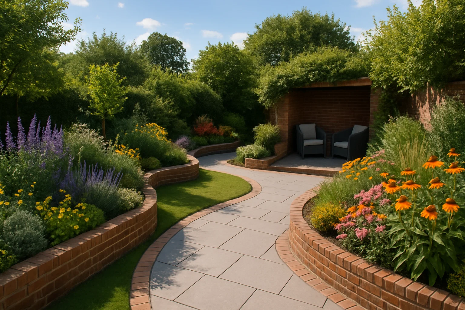 Modern garden patio enhanced with raised planters, garden paths, and seating areas.