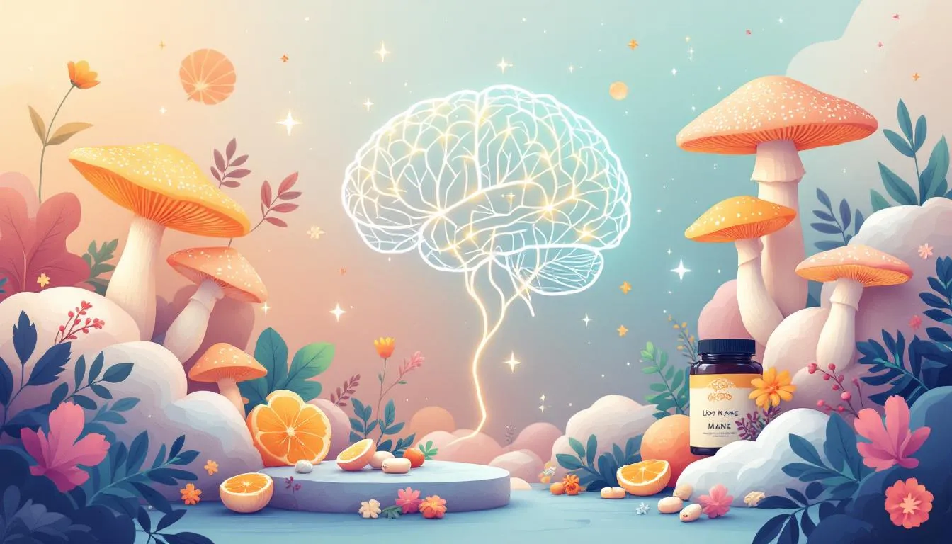 An artistic representation of the health benefits of lion's mane supplements, including brain health.