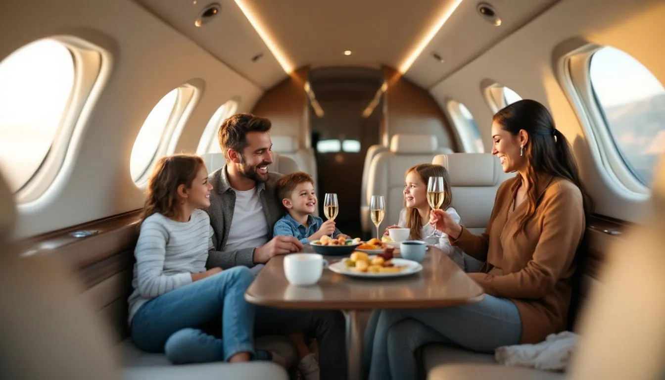 A family enjoying leisure time inside a private jet, illustrating leisure travel with Advent Jets.