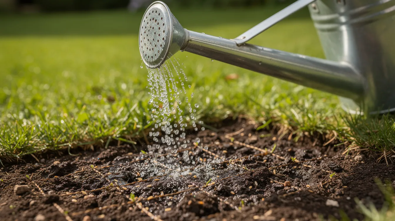 A watering can with a fine rose attachment is gently watering a newly seeded grass patch, ensuring the soil remains consistently moist for optimal seed germination and promoting healthy grass growth in bare areas. This careful watering technique helps to establish deep root systems and encourages lush green lawn development.