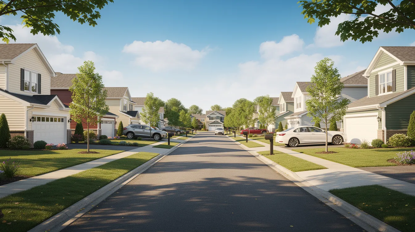 A sunny residential neighborhood street features well-maintained homes with manicured lawns, creating a pleasant atmosphere. This serene environment is ideal for ensuring good air quality and preventing issues like mold growth, making regular mold inspections and remediation services essential for homeowners.