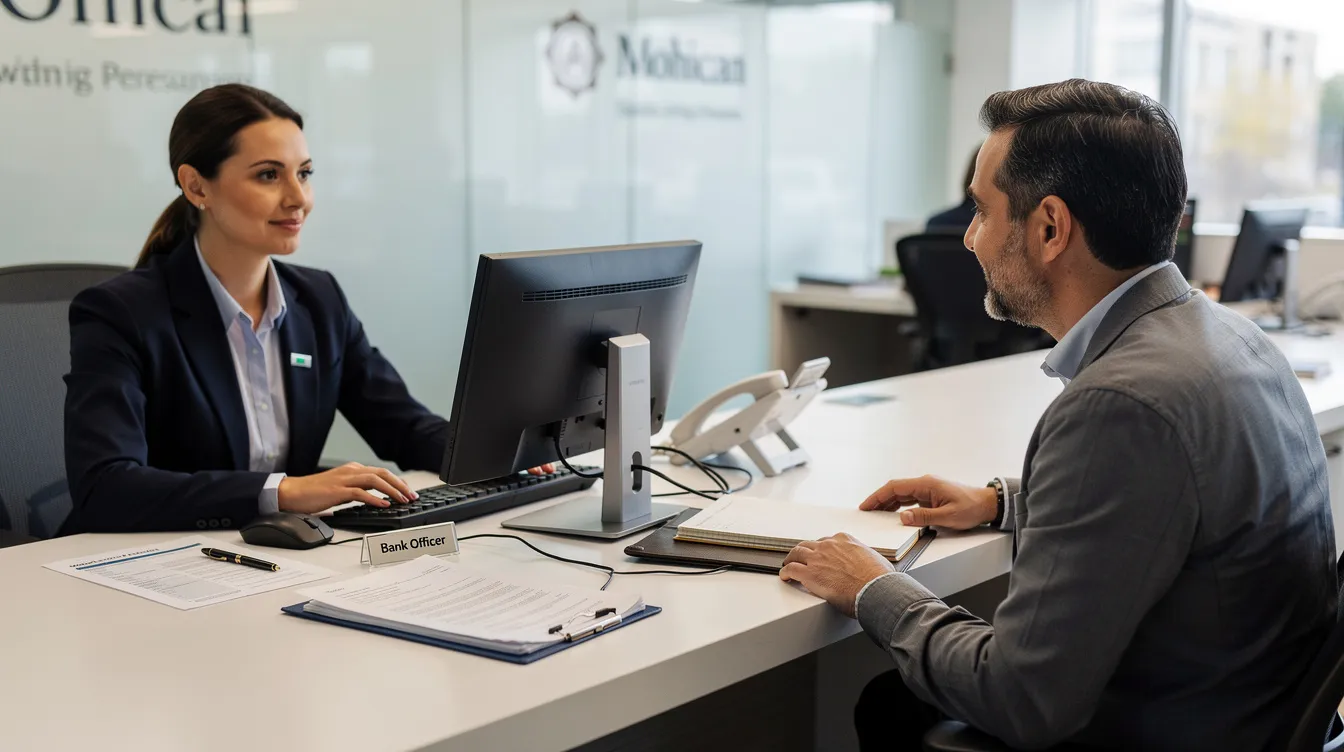 The image depicts a small business owner engaged in a discussion with a bank officer across a desk at a bank branch, highlighting the process of applying for financial assistance through mudra loans. The scene reflects the importance of a satisfactory credit track record and the potential for loan extension to support the entrepreneur's business plan.