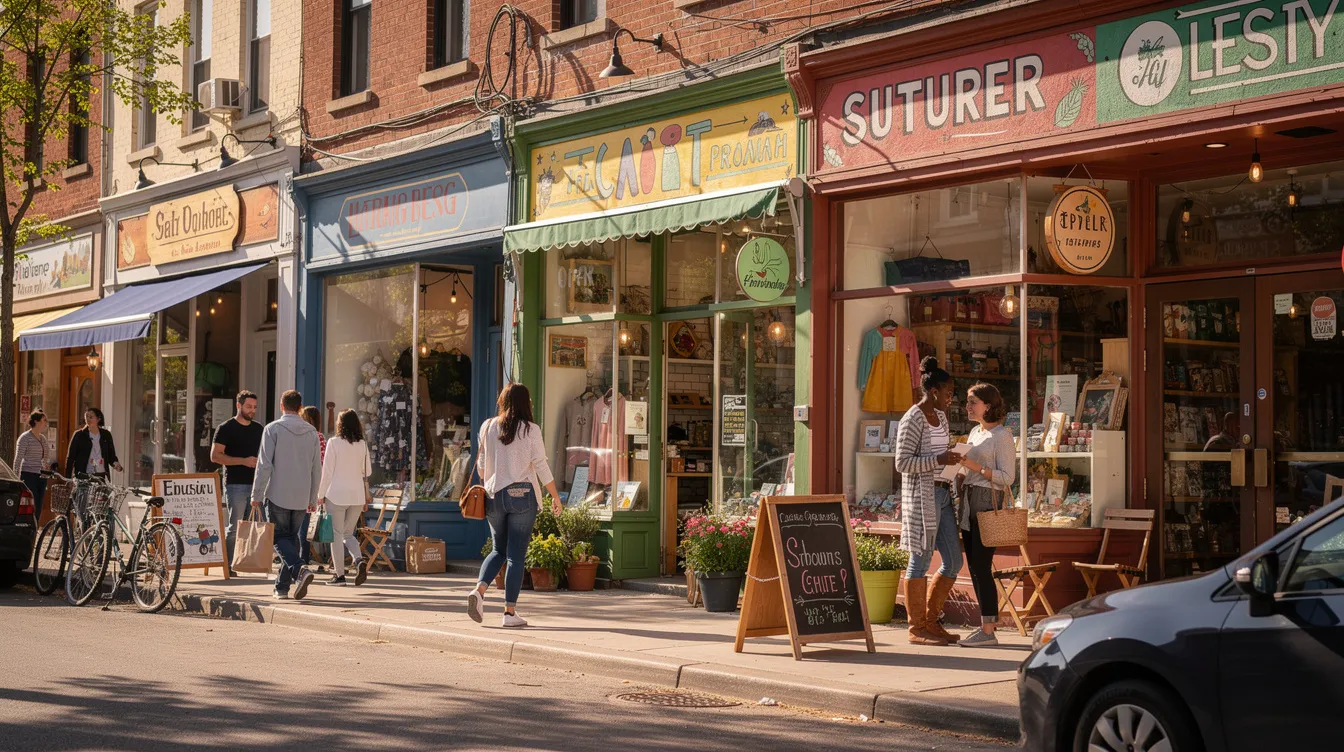The image depicts a vibrant city street bustling with pedestrians and small businesses, showcasing various storefronts that contribute to the local economy. This lively scene reflects the importance of strong business plans and operational strategies for entrepreneurs aiming to create jobs and generate revenue in their communities.