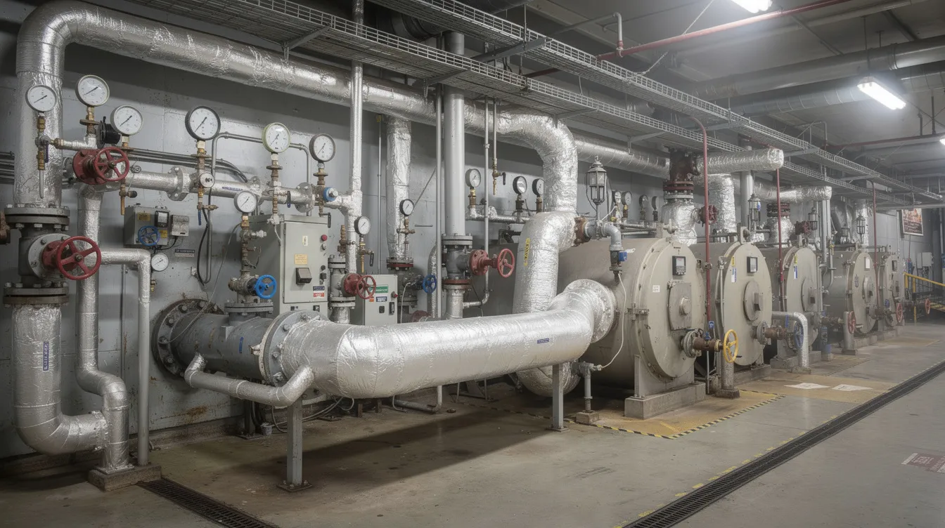 The image depicts an industrial boiler room featuring steam piping, various gauges, and insulated distribution lines, essential for maintaining energy efficiency in dairy processing plants. This setup plays a crucial role in managing boiler feed water and supporting refrigeration systems for effective milk cooling and dairy operations.