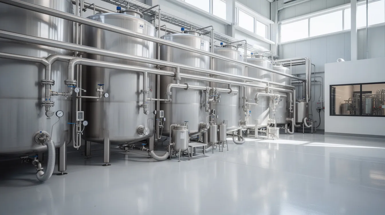 e968bfd1 25bc 4a94 8c22 d82ec7756cad The image depicts the interior of a dairy processing plant, featuring large stainless steel tanks and intricate piping systems essential for milk powder production. This facility is integral to the milk powder industry, facilitating the manufacturing process of products like skimmed milk powder and whole milk powder.