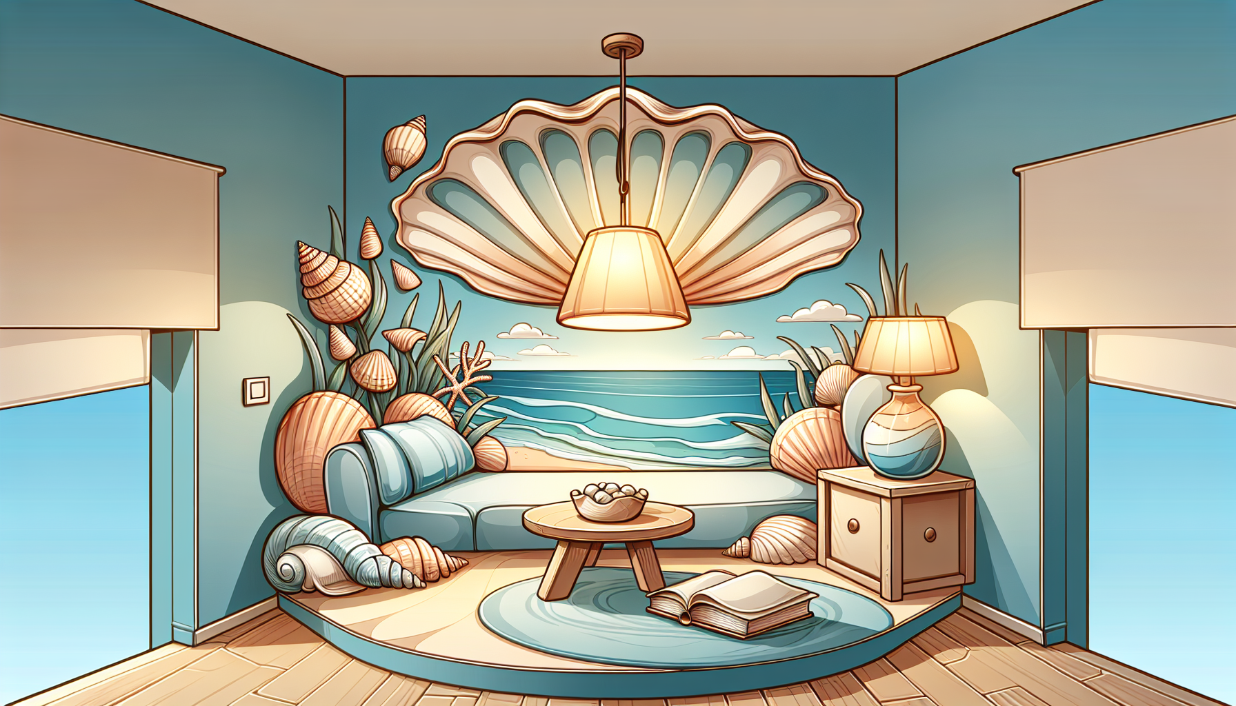 Large Sea Shells Wholesale | Cartoon depiction of a beach-themed room with large seashells as decor