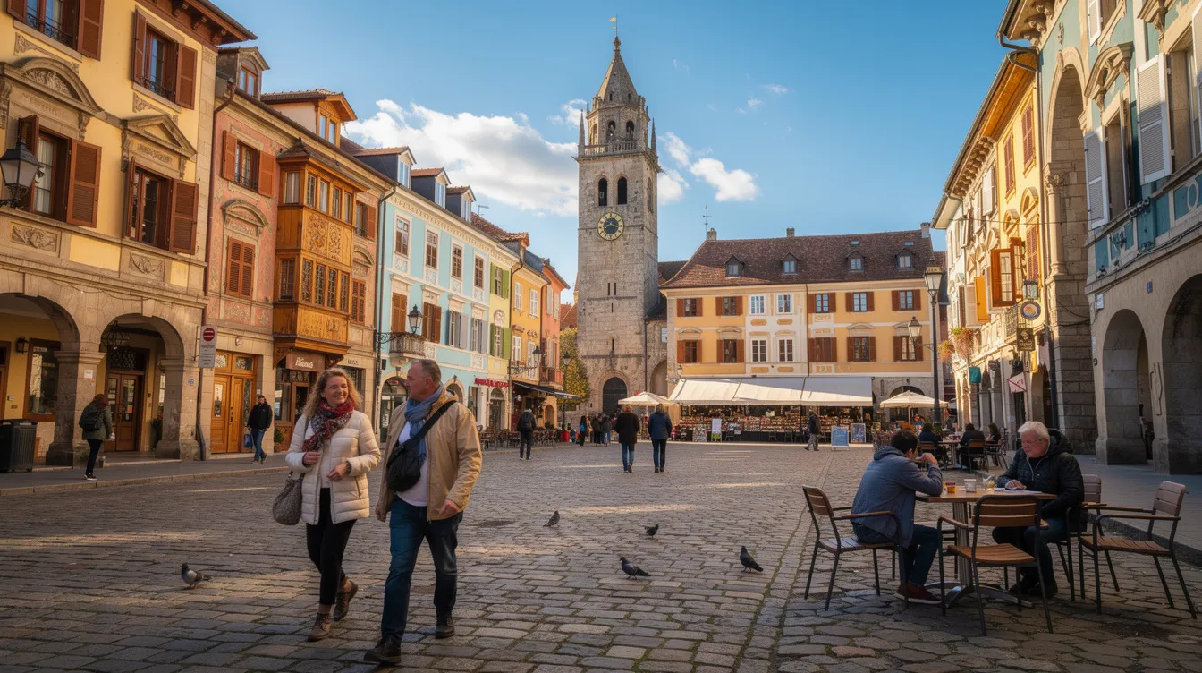 A imagem retrata uma praça histórica de uma cidade europeia, com edifícios coloridos ao redor e uma imponente torre de igreja ao fundo. Pessoas caminham sobre paralelepípedos, criando uma atmosfera vibrante e cultural.