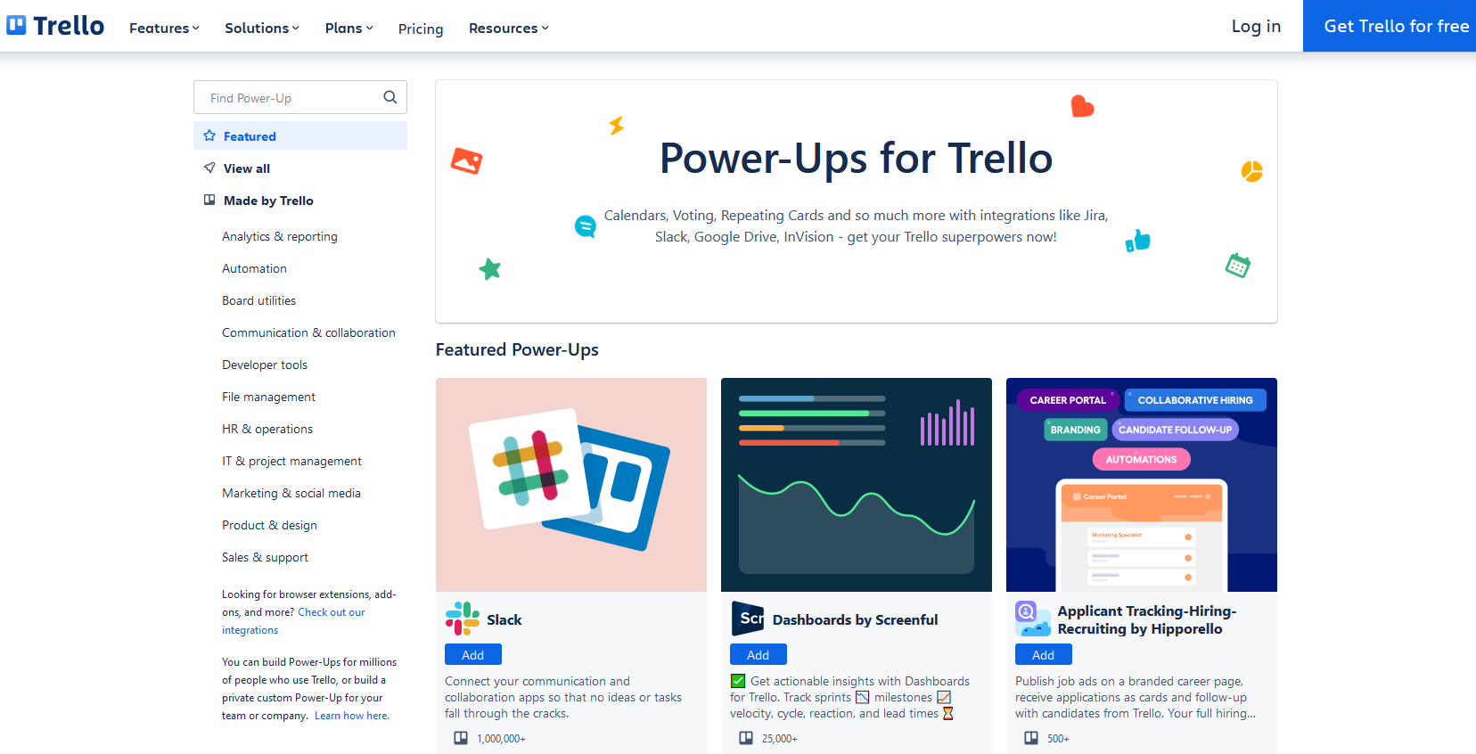 A screenshot of the power-up marketplace Trello offers.