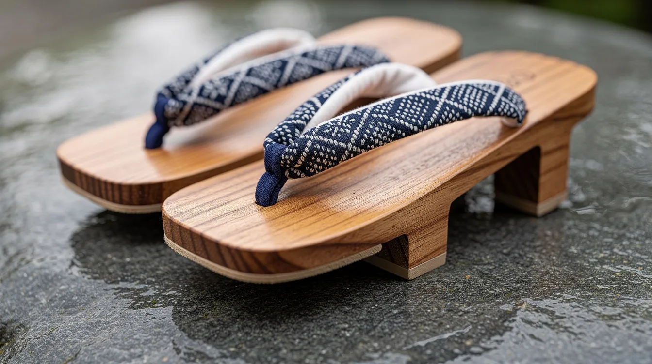 A close-up photograph showcases a pair of traditional Japanese geta sandals, crafted from natural wood, resting on smooth stone. The image highlights the intricate fabric strap detail and the unique teeth design of these wooden sandals, commonly worn with kimono or yukata during formal occasions in Japanese culture.