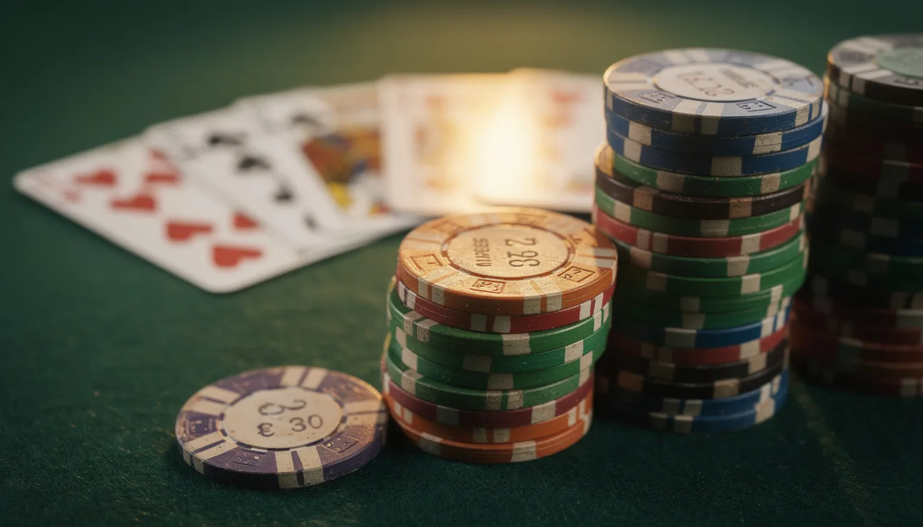 Stack of colorful casino chips and playing cards, symbolizing live dealer action.