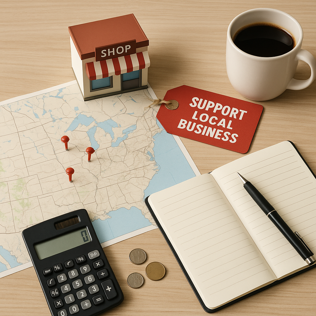 Shot of a map with pushpins, shop model, and calculator emphasizing cost reduction and fostering a cost conscious culture by buying from local suppliers.