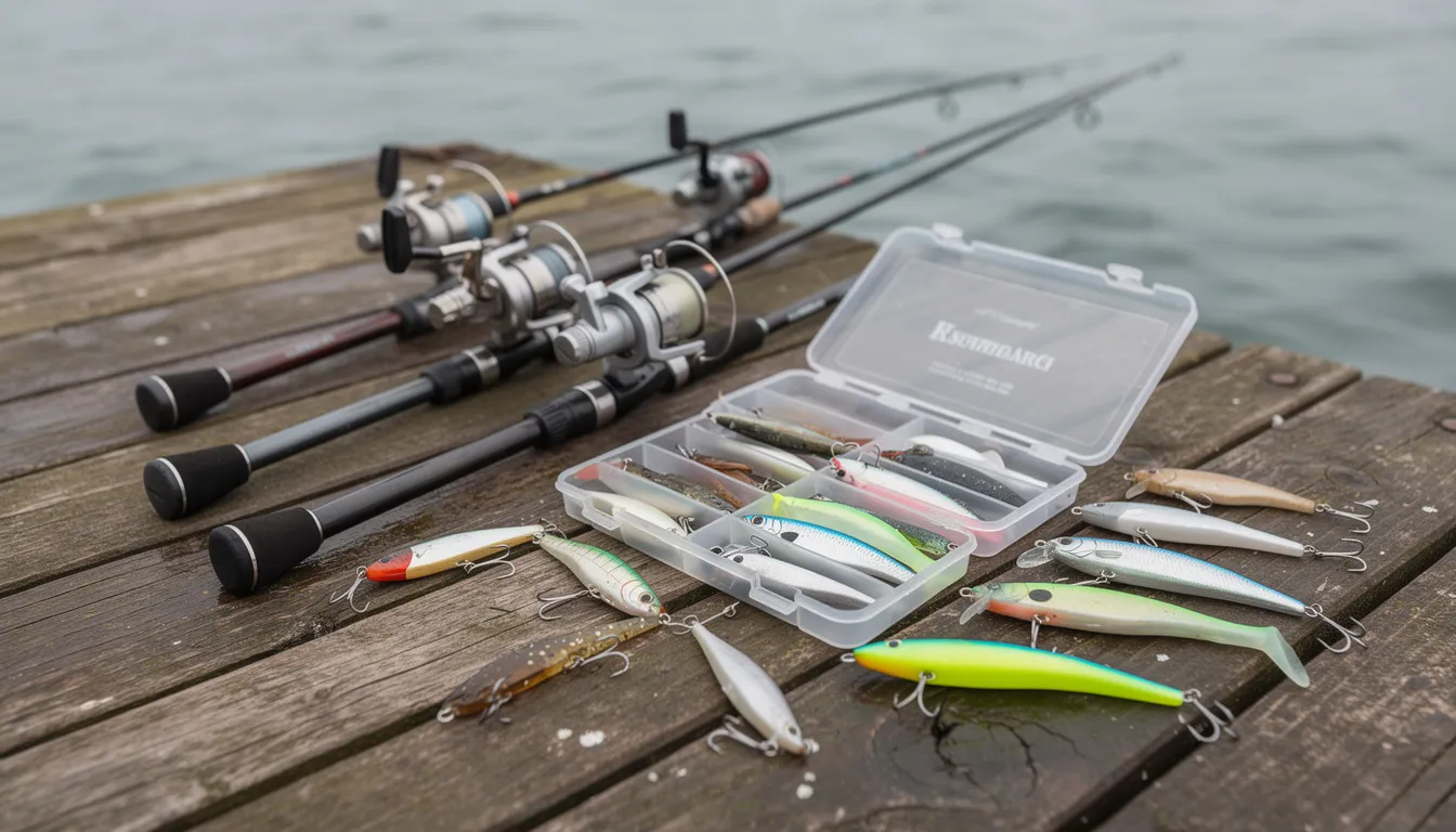 Na drewnianym pomoście znajduje się rozłożony sprzęt wędkarski, w tym wędki morskie, kołowrotki, pilkery i gumy, gotowy do połowów rekreacyjnych w wodach otwartych morza bałtyckiego. Wędkarz przygotowuje się do łowienia ryb morskich, takich jak dorsze i śledzie, korzystając z różnorodnych technik i przynęt.