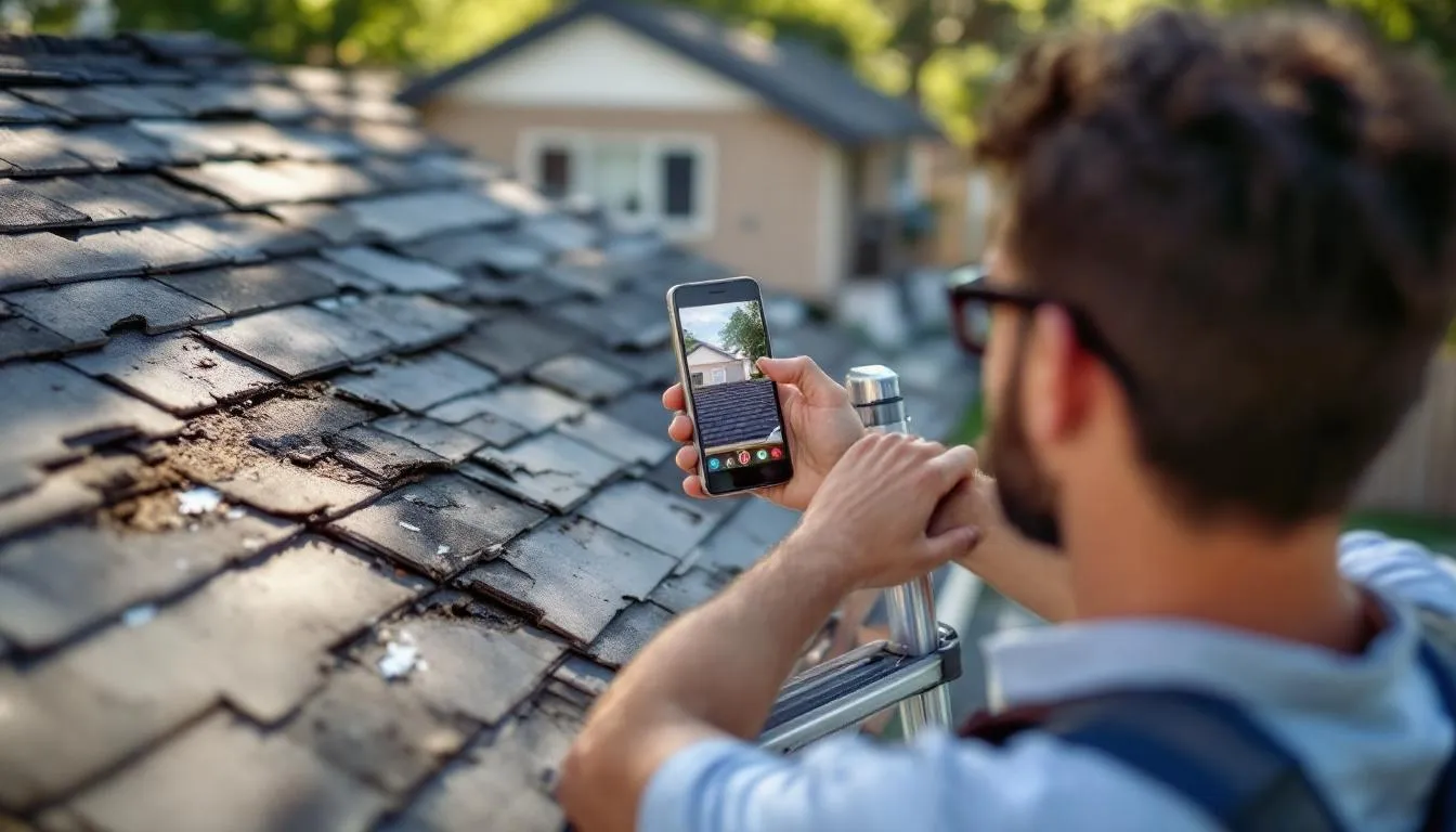 A homeowner is using a smartphone to document roof damage caused by a recent storm, likely for an insurance claim related to emergency roof repairs. The image highlights the urgency of addressing issues like missing shingles and potential leaks to prevent further interior damage.