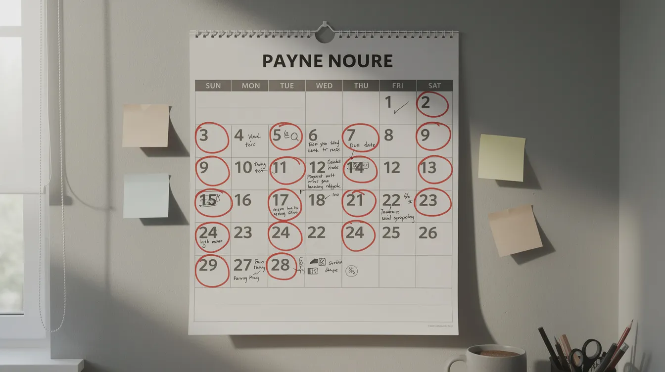 The image shows a wall calendar with several payment due dates circled in red, highlighting the importance of managing monthly payments for home equity loans and other financial obligations. Keeping track of these dates can help maintain a healthy credit score and avoid missed payments that could negatively impact your credit profile.