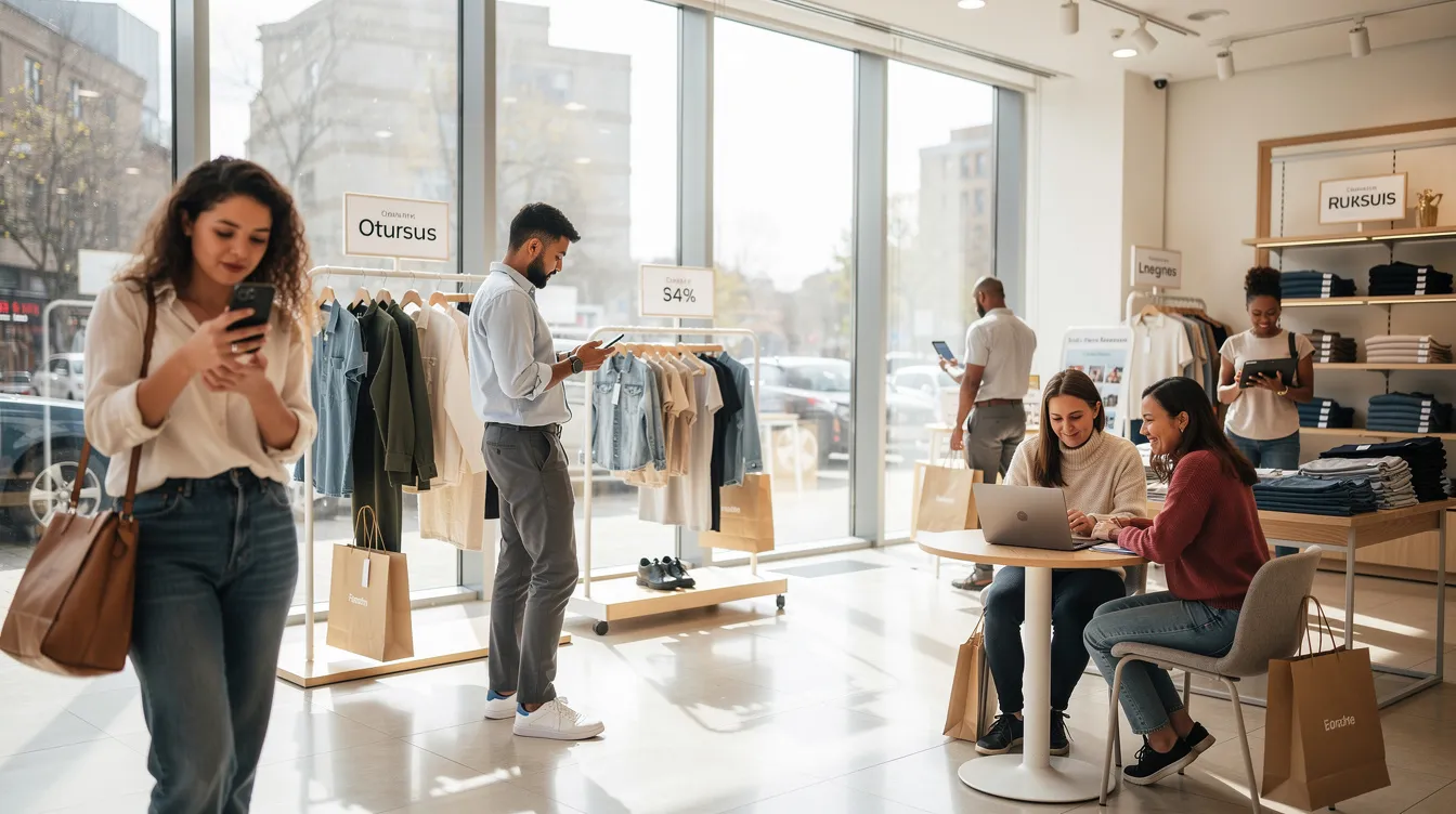 La imagen muestra a un grupo variado de compradores utilizando sus teléfonos inteligentes y ordenadores portátiles en una tienda de « retail » iluminada por la luz del sol, lo que ilustra una experiencia de cliente moderna que abarca múltiples canales. Esta escena pone de relieve la integración del comercio digital y las compras tradicionales, reflejando la evolución de los comportamientos y las expectativas de los clientes en el mercado actual.