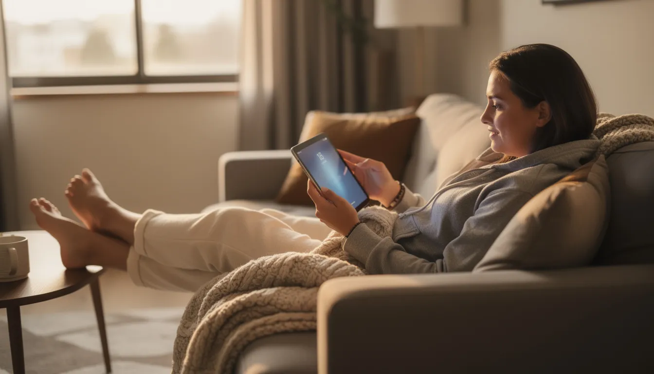 En person sitter avslappnat och spelar på en surfplatta, kanske njuter av ett casino utan registrering där de kan börja spela direkt. Miljön är lugn och bekväm, vilket skapar en perfekt atmosfär för att spela ansvarsfullt och ha kul.