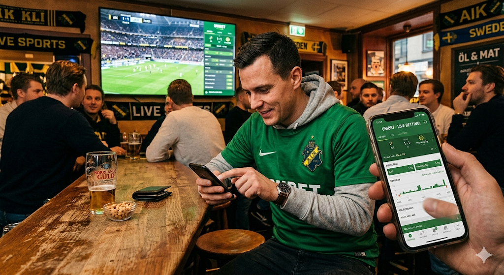 Voetbalfan die live sportweddenschappen plaatst via een mobiele app terwijl hij een voetbalwedstrijd kijkt in een sportbar, voorbeeld van live betting op voetbal in Nederland.