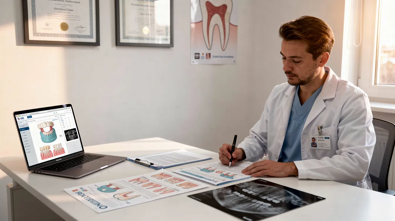 A dental professional sits at a desk, meticulously reviewing documents and charts related to dental procedures and billing. The scene emphasizes the importance of accurate coding and insurance verification in the dental billing process, ensuring compliance with current dental terminology and practices.