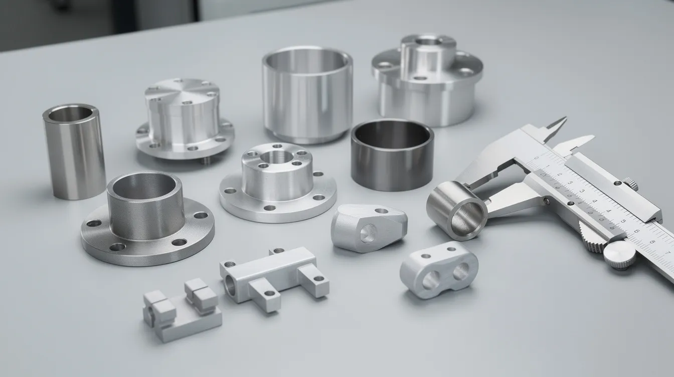 The image depicts a collection of precision machined aluminum and stainless steel parts neatly arranged on a clean inspection table, with calipers placed nearby for measuring. This showcases the high-quality products typical of advanced CNC machining services from leading manufacturers.