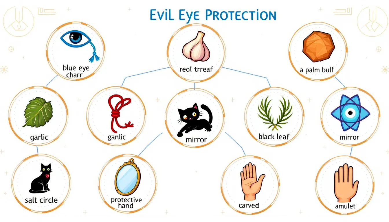 The image depicts various lucky charms and symbols believed to protect against the evil eye, including a rabbit's foot, four-leaf clover, and dream catchers, showcasing their significance across many cultures as items that bring good fortune and ward off bad spirits. These lucky objects are often associated with hope and prosperity, embodying a common belief in their mystical powers to attract good luck and wealth.