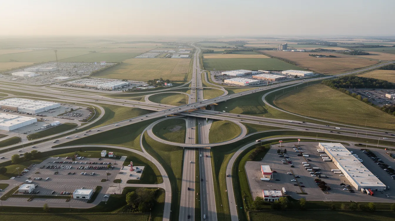 An aerial view captures a complex highway interchange surrounded by commercial and industrial buildings in a Midwestern landscape, highlighting the intricate planning involved in construction projects. This scene underscores the importance of risk management strategies and risk assessment in the construction industry, as project managers navigate potential risks and financial implications.