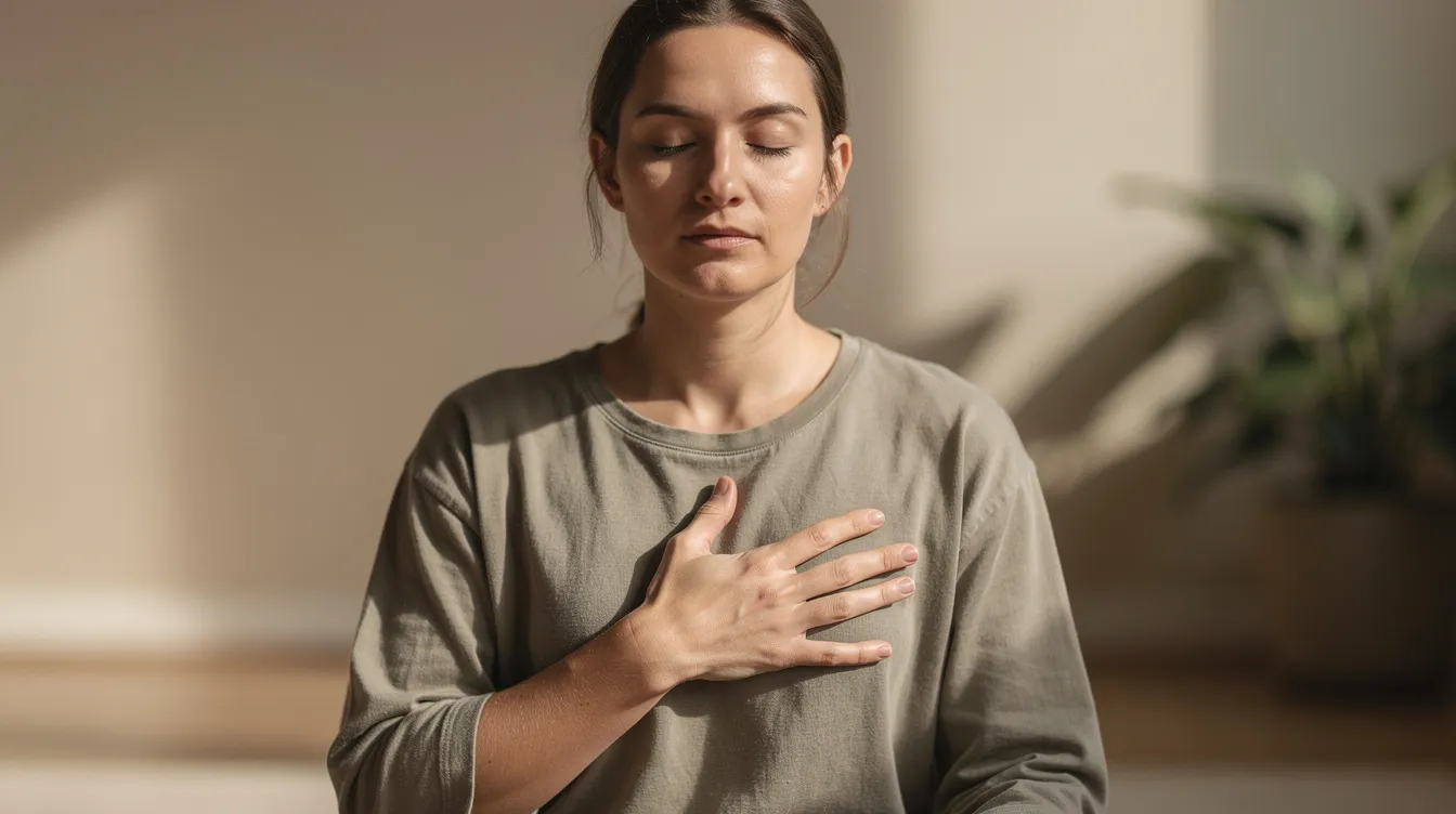 A person is practicing mindfulness with their eyes closed and a hand on their heart, radiating calmness and centeredness. This moment of self-reflection highlights the importance of mental health and emotional regulation in overcoming past trauma and developing healthy relationships.