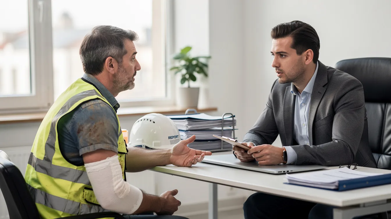 An injured construction worker is discussing their situation with a professional in an office setting, likely regarding their workers compensation claim. The conversation may involve topics like medical treatment, workers compensation benefits, and navigating the claims process for their work-related injury.