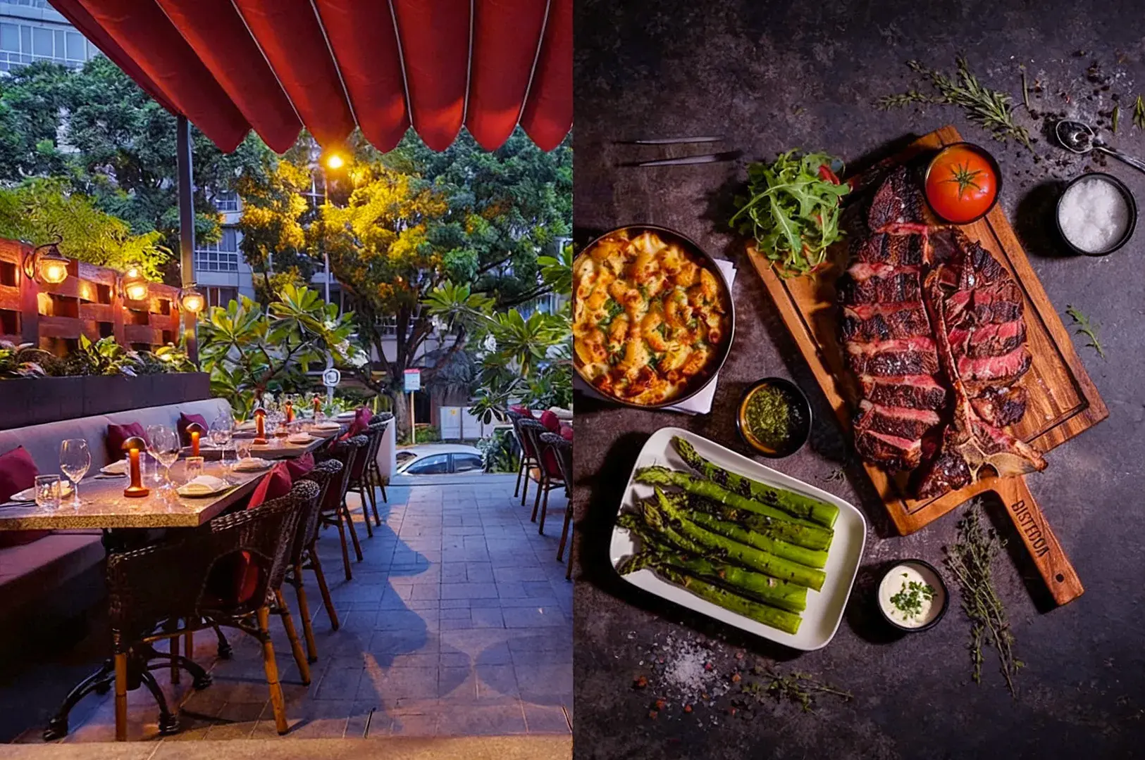 Outdoor dining scene with dimly lit tables under a red canopy and lush foliage. Beside it, a vibrant spread of steak, asparagus, and mac 'n' cheese.