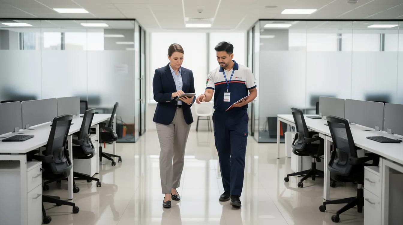 A property manager and a cleaning technician are conducting a walkthrough inspection of a freshly cleaned commercial office space, ensuring that high traffic areas are free from dirt and odors. They are checking for any remaining stains on the carpet and discussing preventative measures for maintaining the cleanliness of the facility.