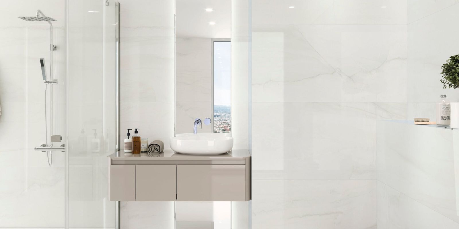 Glossy white marble-effect tiles with subtle grey veining, used on both walls and floor for a sleek, modern bathroom design.