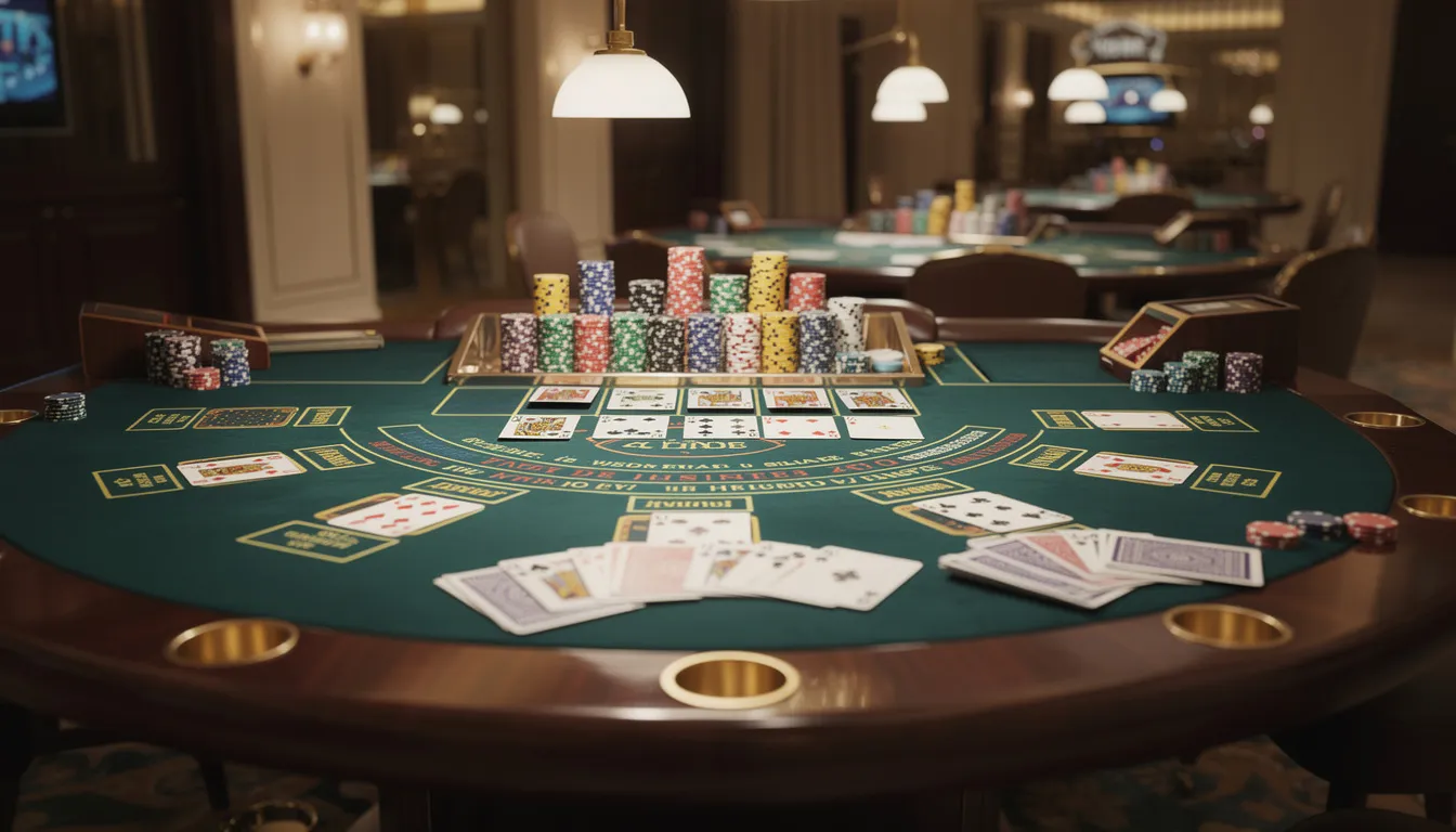 En elegant casino-bord med kort och marker är upplyst av mjuk belysning, vilket skapar en inbjudande atmosfär för spelare. Detta bord representerar den spännande upplevelsen hos Winlandia casino, där man kan njuta av olika casinospel och spela ansvarsfullt.