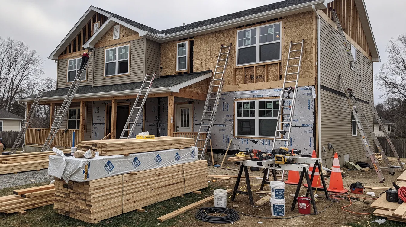 The image shows a residential property undergoing renovation, featuring ladders and various construction materials scattered around the site. This scene highlights the ongoing work and the potential impact on the home equity line of credit, as homeowners may consider how renovations affect their property value and monthly payments.