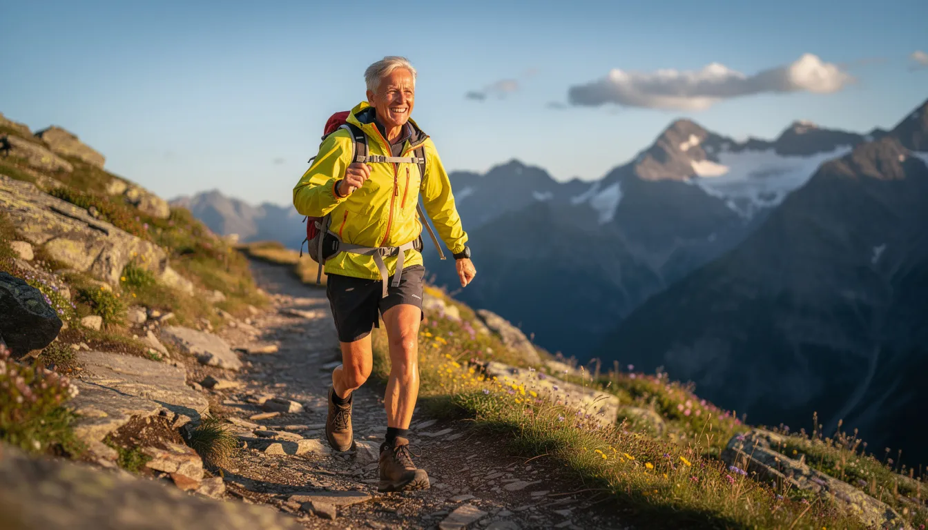 An older adult is energetically hiking along a mountain trail, showcasing vitality and a love for nature. This image reflects the potential benefits of an active lifestyle, which can be enhanced by taking NMN supplements for healthy aging and improved metabolic health.