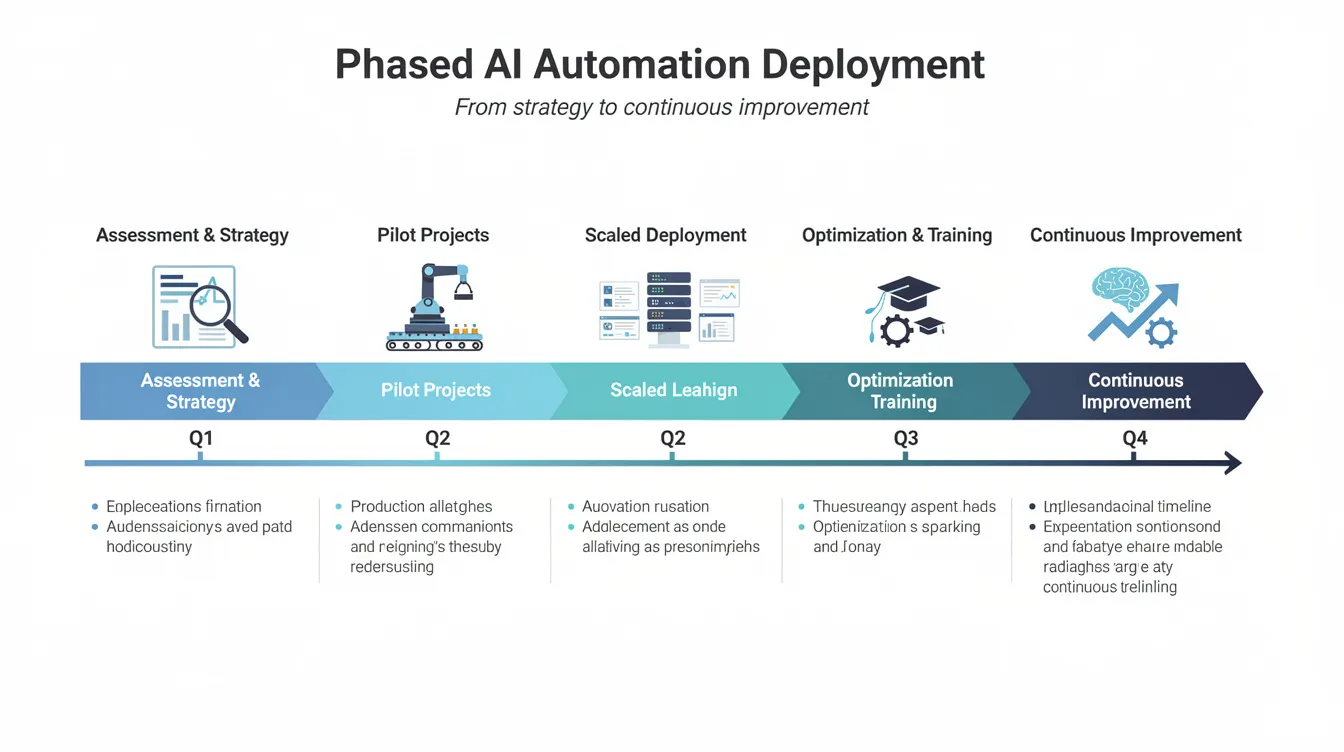 The image depicts an implementation timeline illustrating the phased deployment of AI automation in the retail sector, highlighting key stages such as inventory management, customer data analysis, and demand forecasting. This strategic approach aims to enhance customer experience and satisfaction through intelligent automation and data-driven personalization.