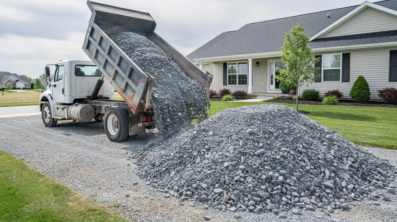 A residential dump truck is unloading a large pile of gray crushed stone onto a gravel driveway beside a suburban house, ready for landscaping or driveway installation. The crushed stone, which may include crushed limestone or granite, will be used for drainage and to enhance the driveway's appearance.
