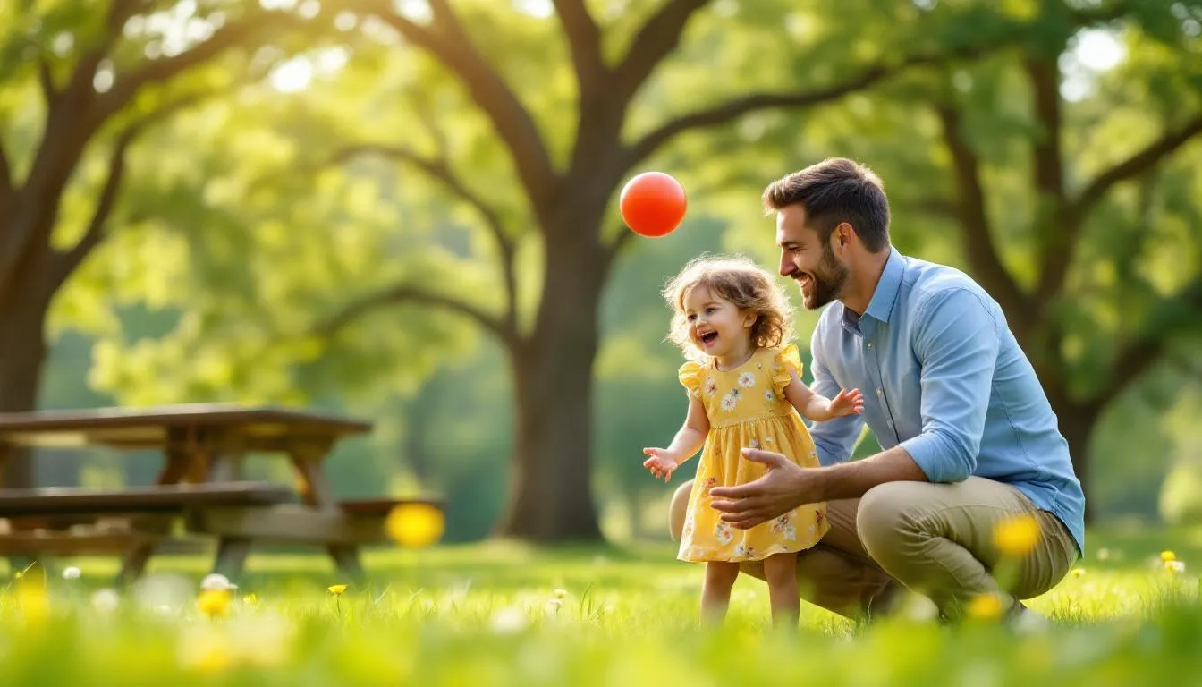 Na zdjęciu widać ojca i dziecko spędzających wspólnie czas na świeżym powietrzu, cieszących się radosnymi chwilami. To doskonały sposób na budowanie niezapomnianych wspomnień i wyjątkowych doświadczeń, które mogą być inspiracją do wyboru idealnego prezentu dla taty.