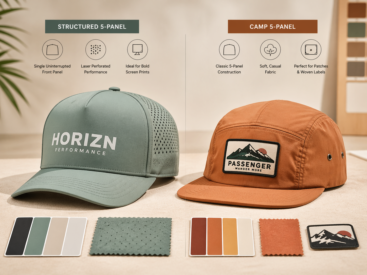 Comparison of two 5-panel cap styles with flat front panels, patch decoration, and fabric swatches